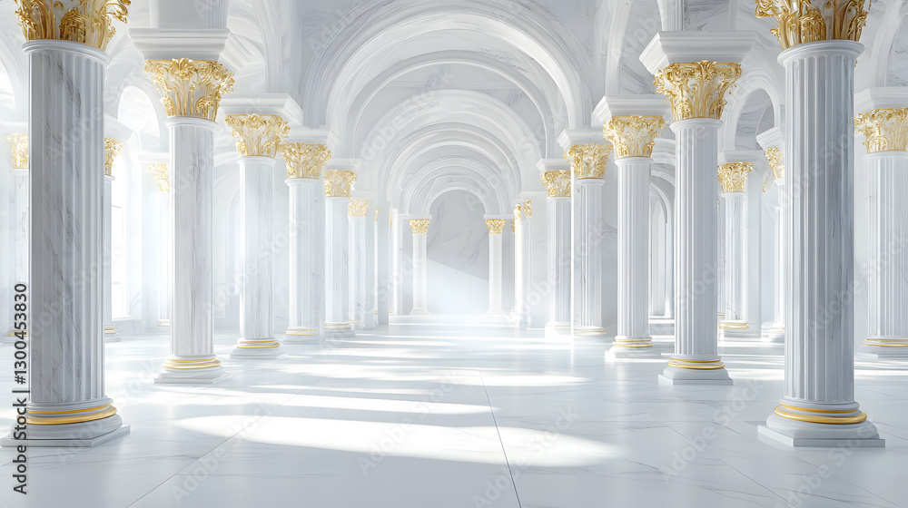 Fototapeta premium Elegant White Marble Hallway with Golden Columns Luxurious Interior Design