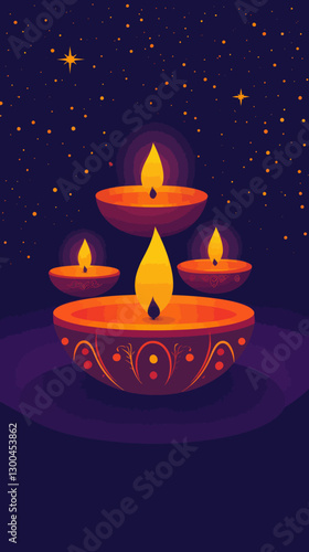 Colorful Diwali Festival of Lights Greeting Card with Decorative Diyas and Stars