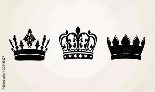 Black Silhouette Crown Set in Minimalist Vector Style for Graphic Designers