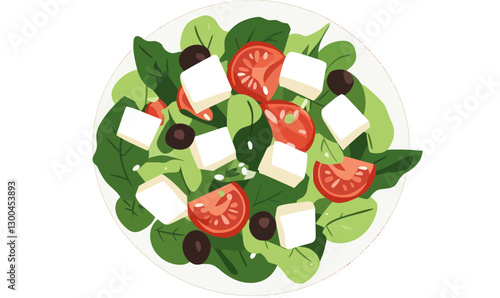 Minimalist Greek Salad Vector with Feta Cheese, Olives, and Fresh Greens Illustration
