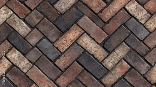 A close-up view of a herringbone pattern made with bricks in shades of brown and beige