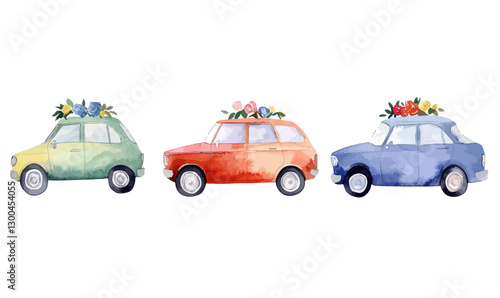 Charming Watercolor Vintage Wedding Cars with Floral Decoration Illustration