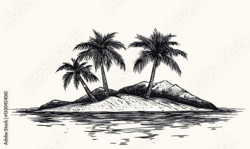 Tropical Island with Palm Trees Hand Drawn Ink Sketch Engraving Style Vector Illustration