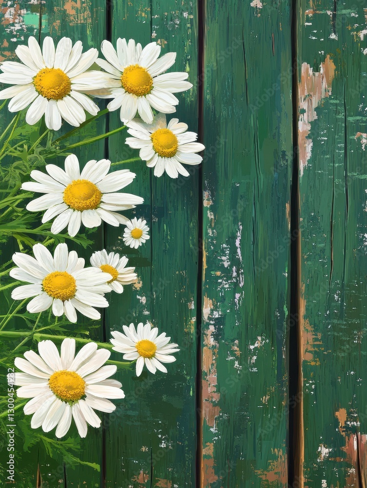 Fototapeta premium chamomile flowers on green wooden background
