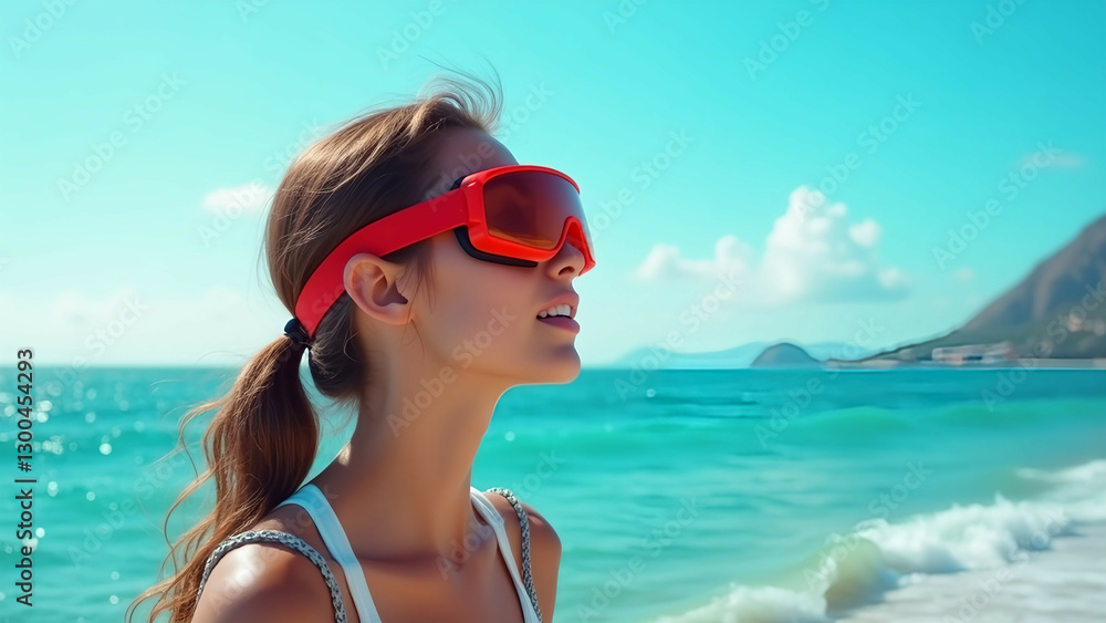 woman goggles beach ocean sky blue view woman goggles beach ocean sky blue view