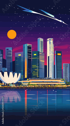 Retro Style Singapore Night Skyline Vector Poster - Exotic Travel Destination Illustration