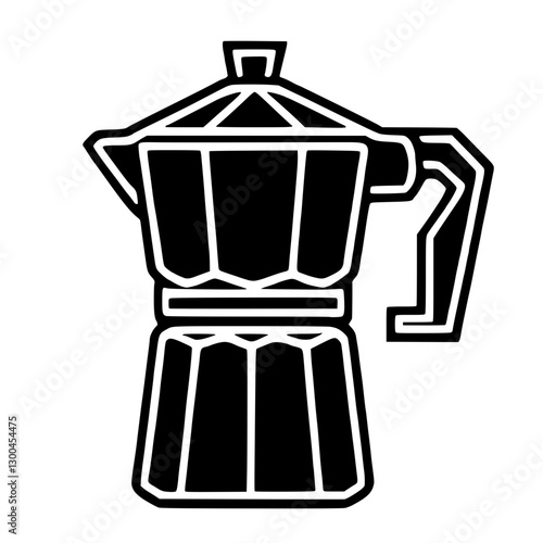 A black and white illustration of a classic moka pot coffee maker with a geometric design and a sturdy handle.