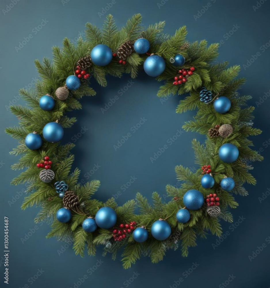 Blue background with Christmas balls, garland and wreath made of evergreen branches , wreath, festive decor, ornament Blue background with Christmas balls, garland and wreath made of evergreen branches , wreath, festive decor, ornament