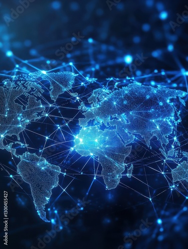 Abstract digital world map with global network connections and data transfer, technology background concept. Blue glowing lines on a dark blue background.