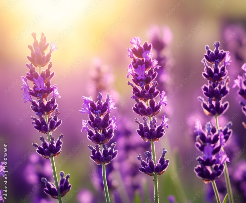 Naklejka premium Lavender flowers in the field, with purple and blue hues. The background is blurred to highlight the lavender plants. There's an open space around them where other wildflowers can be seen growing