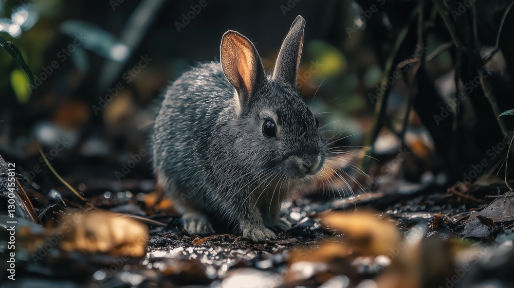 Fototapeta premium Amami rabbit cautiously exploring forest floor in natural habitat at dusk