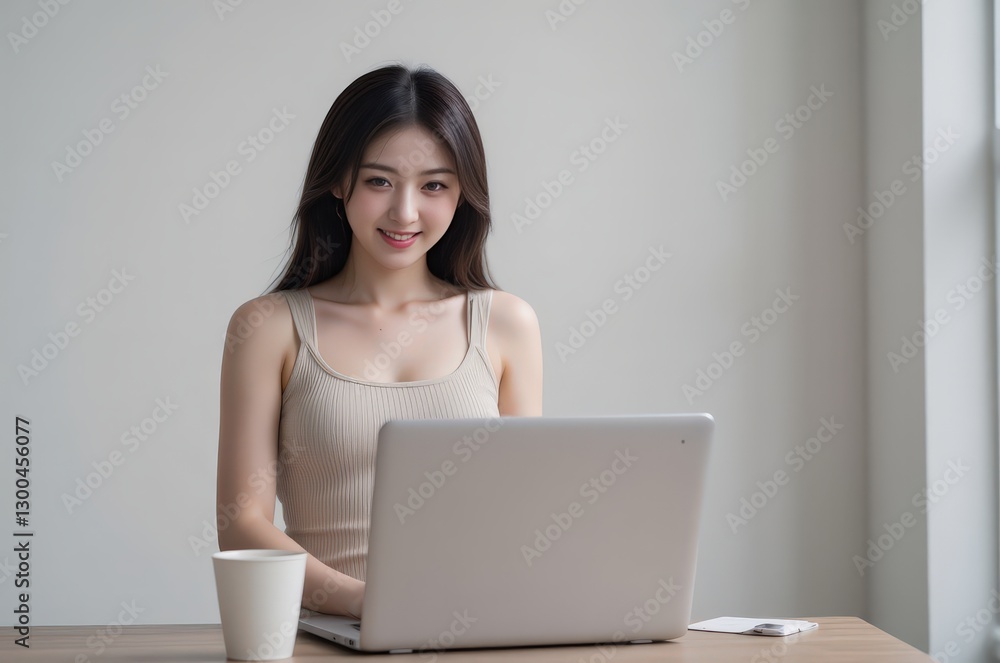 Smiling Asian Woman Working on Laptop at Home with Natural Light Smiling Asian Woman Working on Laptop at Home with Natural Light