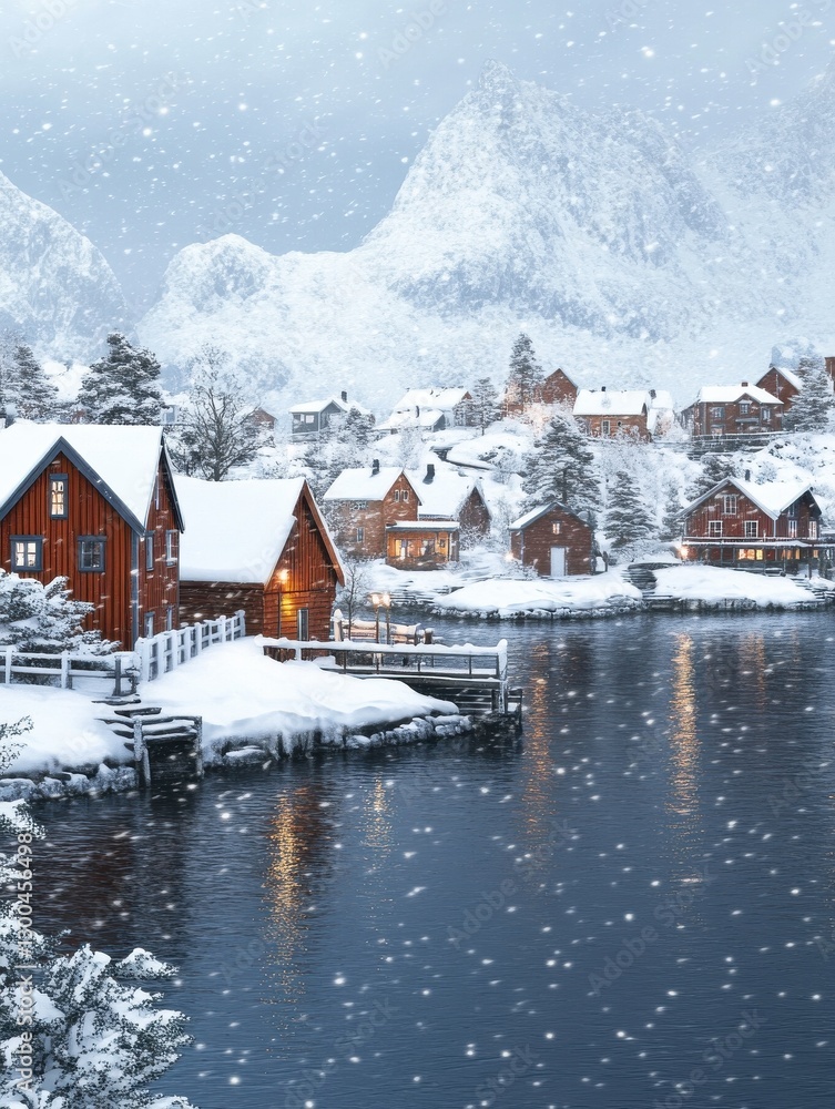Fototapeta premium snow in Reine Village, Lofoten Islands, Norway