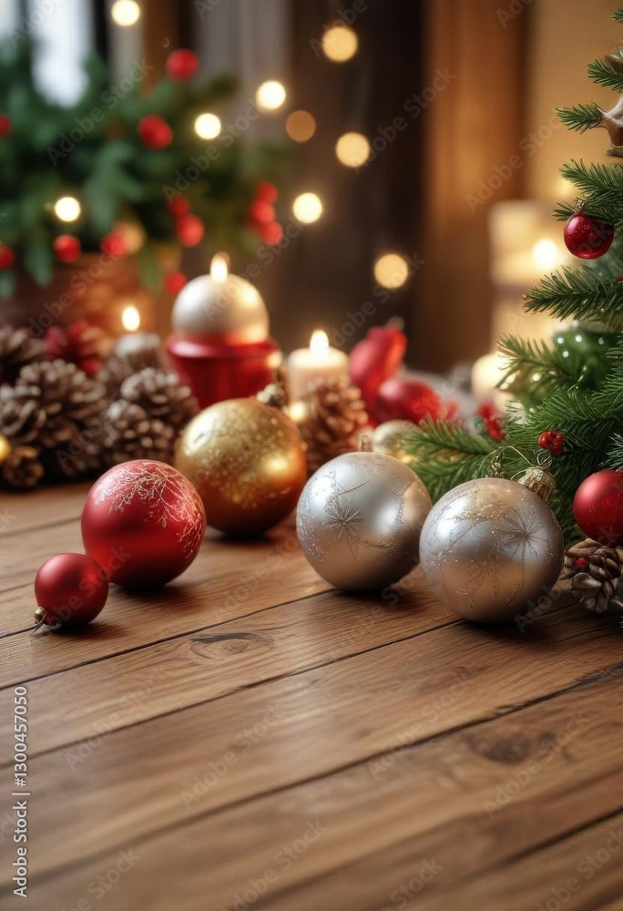 Decorative Christmas ornaments on a wooden table, gold, snowflake Decorative Christmas ornaments on a wooden table, gold, snowflake