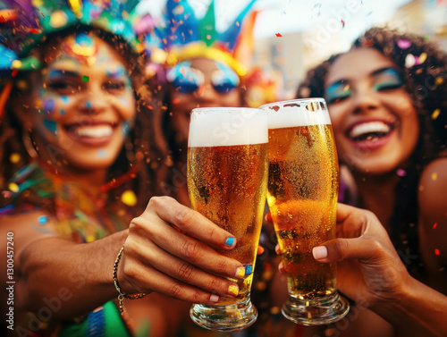 Friends enjoy carnival with lively beers and confetti