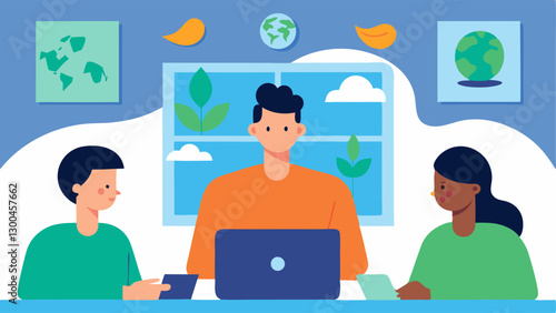 Virtual Meeting A scene depicting young people on a video call discussing climate policies and strategies with motivational posters visible in the background.