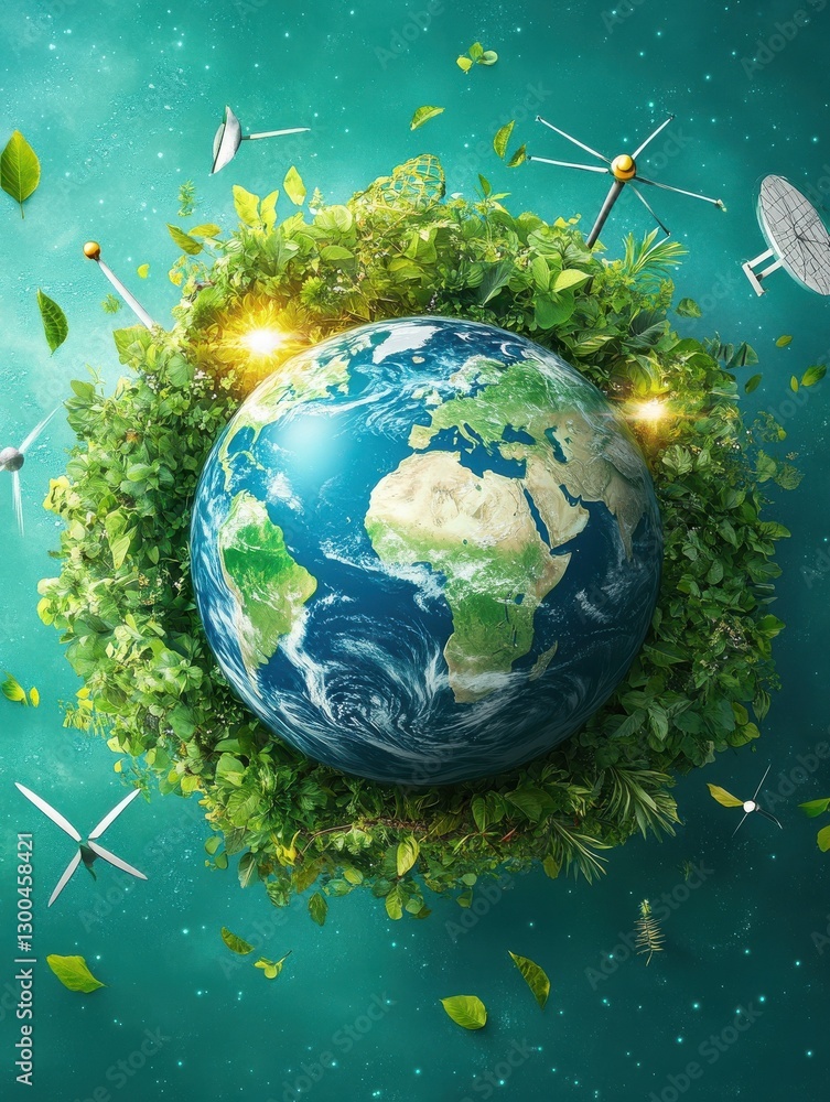 Naklejka premium conceptual illustration of ecofriendly sustainable world with green planet earth renewable energy symbols and nature elements surrounding globe depicting environmental conservation efforts
