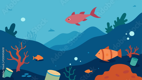 Underwater Scene A beautiful coral reef overtaken by a blanket of plastic bags and bottles with fish struggling to navigate through the debris.