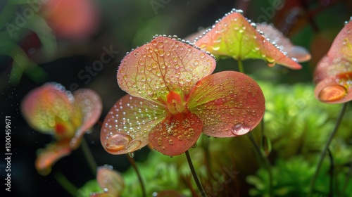 Vibrant Close-Up of Dew-Kissed Orchids in a Lush Green Environment