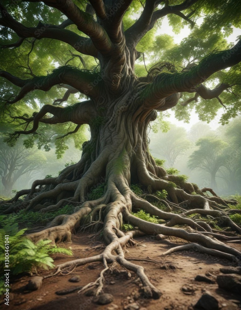 Lush green foliage surrounding a tree with exposed roots, unmanicured, overgrown , nature Lush green foliage surrounding a tree with exposed roots, unmanicured, overgrown , nature