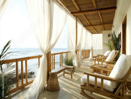 A sunny beach side deck with white curtains