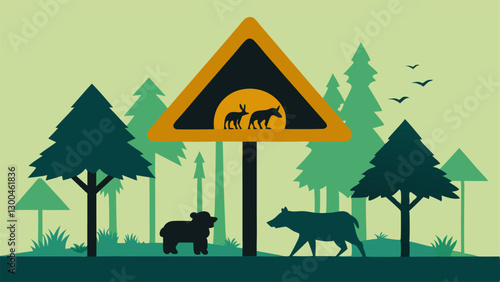 Wildlife Crossing Signs Signs indicating wildlife crossings next to an area being cleared emphasizing the threat deforestation poses to animal movement.