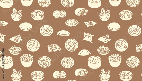 Beige silhouette pattern of Middle Eastern cuisine on a brown background
