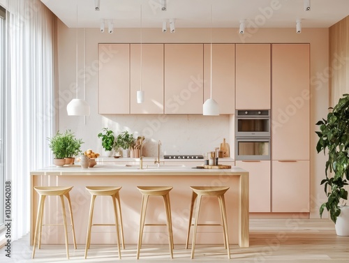 Modern kitchen bar with stools in an aesthetically decorated room