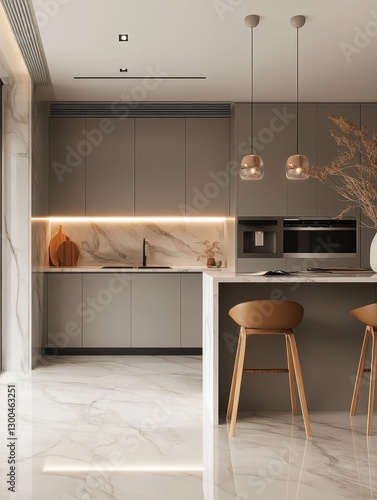 A modern minimalist kitchen with marble floor and stools