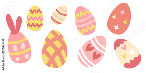 Easter eggs drawing clipart set. Happy easter egg flat clip art collection in pink colorful. Multicolored paint art for traditional hunting celebration. Vector illustration flat oval shape elements.