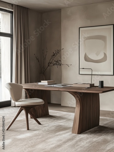 Interior design of a minimalist office with a wooden desk