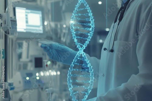 The image shows a scientist in a lab coat and gloves interacting with a holographic DNA helix. The background features medical equipment, highlighting advanced biotechnology research. photo