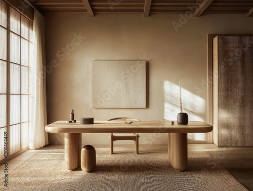 A clean modern wooden table presents a minimal living space