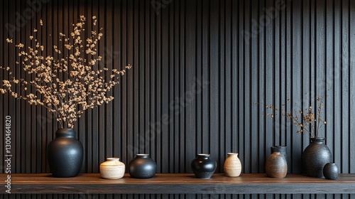 Serene arrangement of vases with floral elements against a dark, textured wall, evoking a sense of calm and natural beauty.