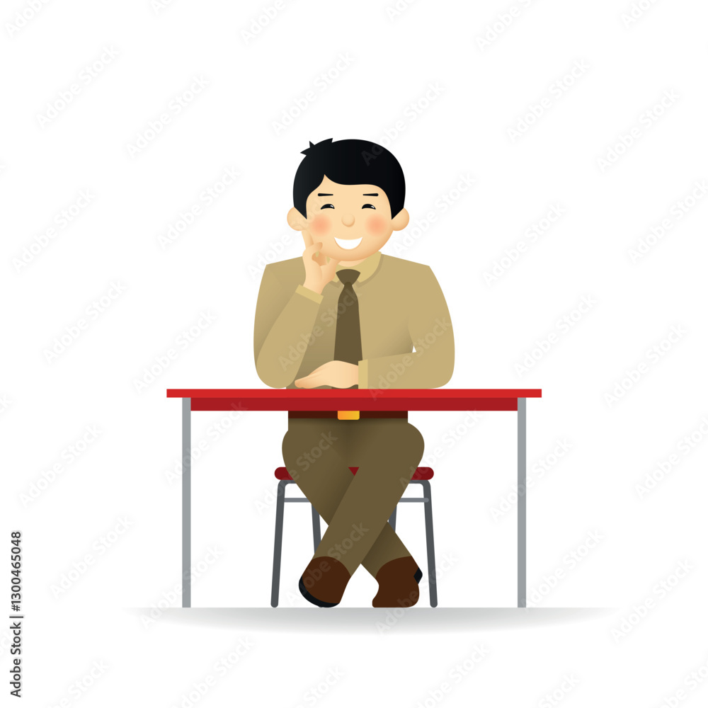 Vector cheeky asian man in sweater and shirt posing. Sitting at table. Vector cheeky asian man in sweater and shirt posing. Sitting at table.