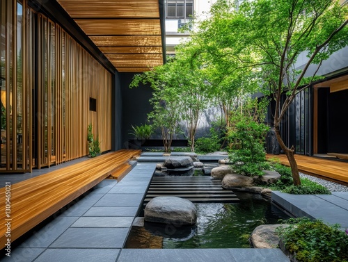 Architectural design of a landscaped Japanese garden inside a building