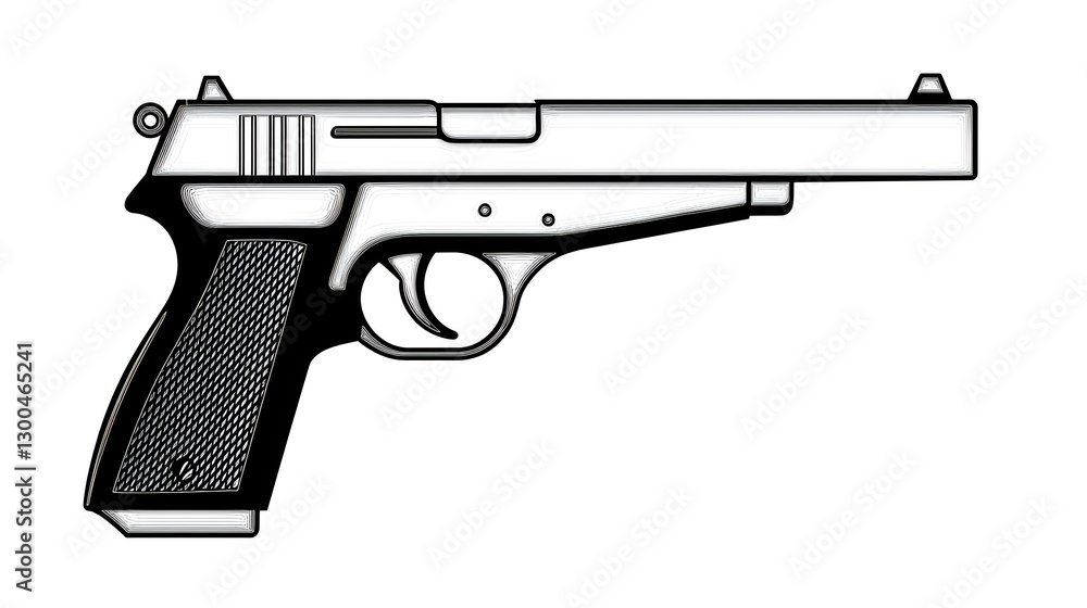 Black and White Illustration of a Handgun Side View with Detail Black and White Illustration of a Handgun Side View with Detail