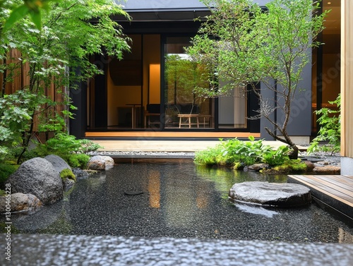 A Japanese garden with water features and green plants