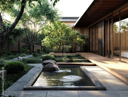 A serene Japanese garden featuring water feature and trees