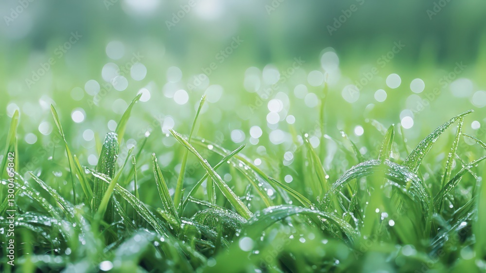 Obraz premium Dew-Covered Green Grass in Soft Morning Light