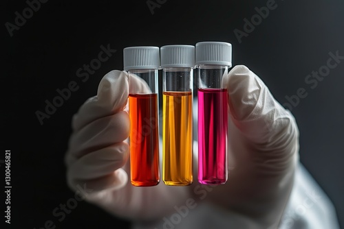 The image shows a gloved hand holding three test tubes filled with red, yellow, and pink liquids. It represents laboratory research, medical testing, chemistry, and scientific analysis. photo