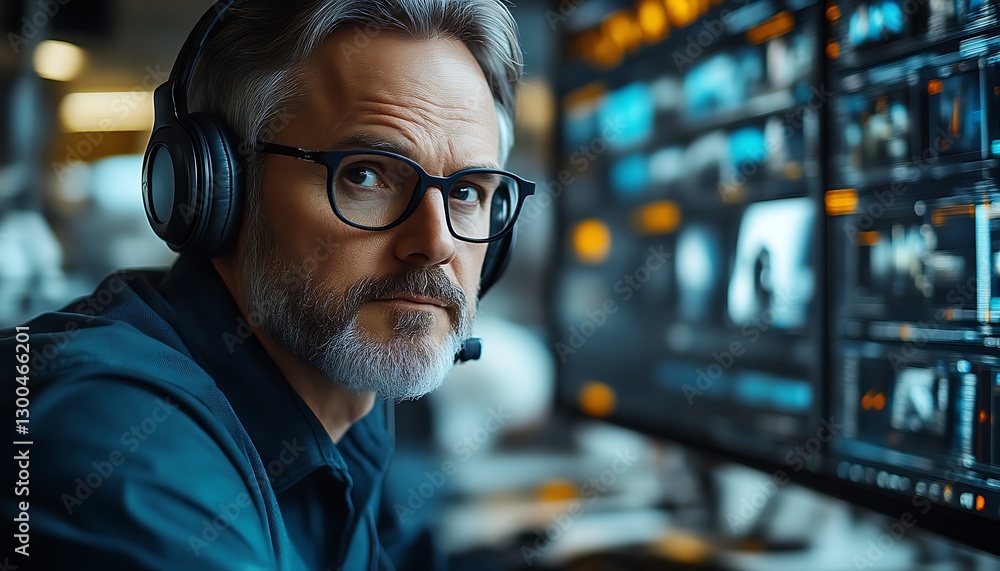 Man editing video, monitors blur in office Man editing video, monitors blur in office