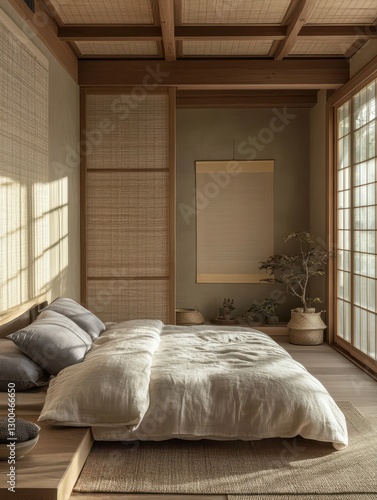A minimalist and calming bedroom with natural wood elements
