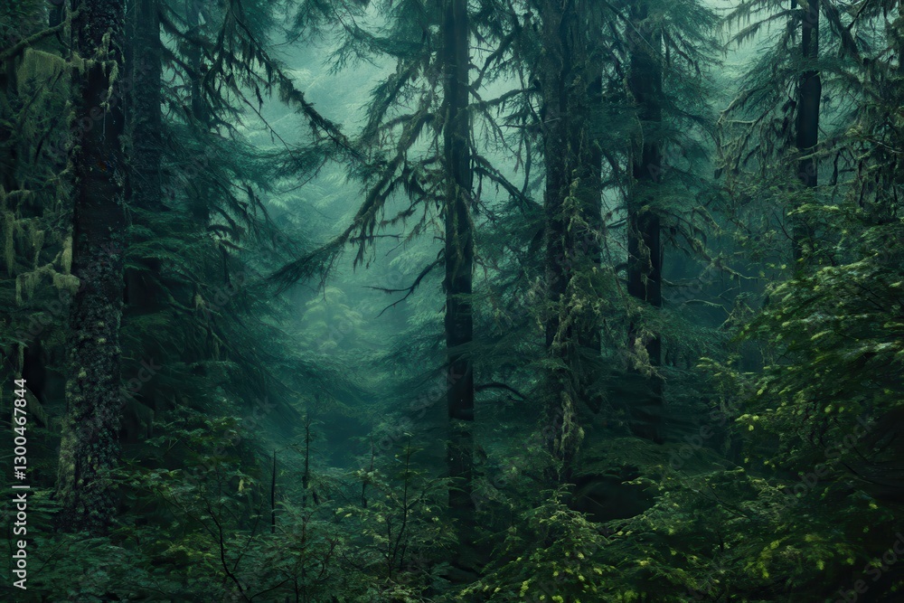 Obraz premium Misty forest landscape with tall evergreen trees, lush green foliage, nature scenery, tranquil wilderness, hiking trails, serene outdoor environment.