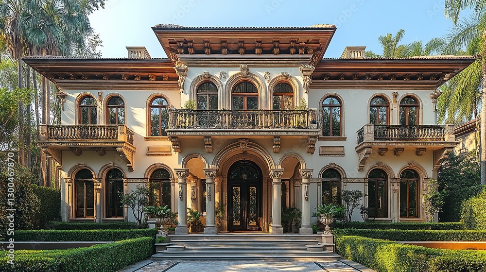 Obraz premium Elegant mansion with classical architectural details, lush landscaping, and inviting entryway. Sunlight bathes the facade.