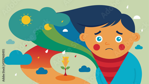 Tornado of Emotions A child being swept up by a colorful tornado made of various emotional symbols fear worry sadness mixed with depictions of climate change elements like smoke