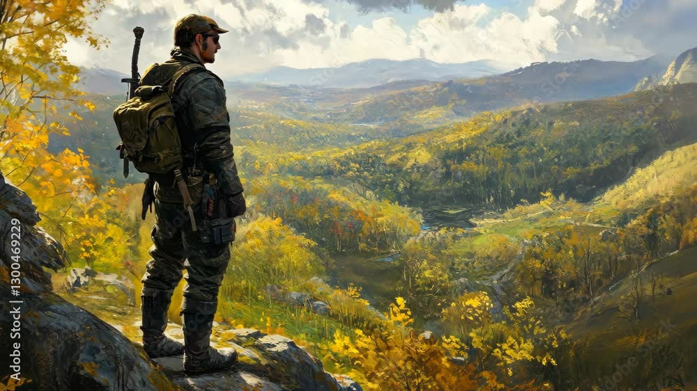 Outdoor exploration at sunrise in a vibrant mountainous landscape with a lone figure observing the valley below Outdoor exploration at sunrise in a vibrant mountainous landscape with a lone figure observing the valley below