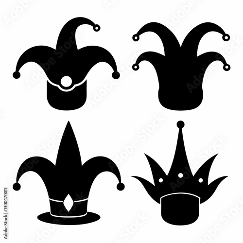 silhouette mardi grass jester hat icon set illustrations