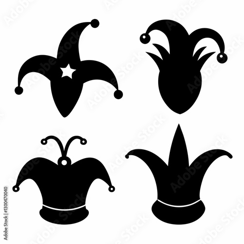 silhouette mardi grass jester hat icon set illustrations