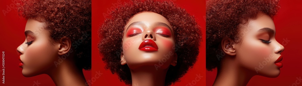 Striking red, a portrait of woman with bold lipstick and matching red nose Striking red, a portrait of woman with bold lipstick and matching red nose